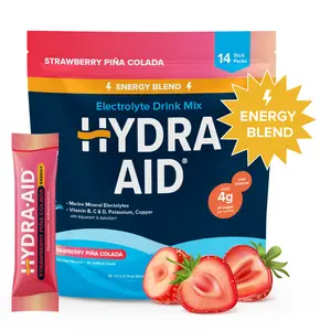 Hydra Aid Energy - Hydration Powder Drink Mix | Caffeine | Marine-Mineral Electrolytes, Vitamins B+C+D, Low Sodium | 14 Stick Packs  | Vegan, Non-GMO, Gluten Free