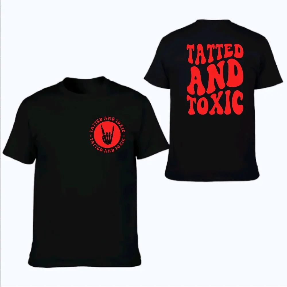 Men's Graphic Tee with Retro 'Tattooed and Toxic' Lettering, Oversized Crew Neck Shortsleeve Streetwear Top for the Graphic Tee Addict, T-Shirt