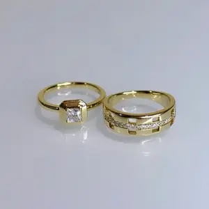 Bridal Ring Square Design 2pcs 14k Laminated Gold Hypoallergenic 3 Layers Protection Elegant Stylish Jewelry Set