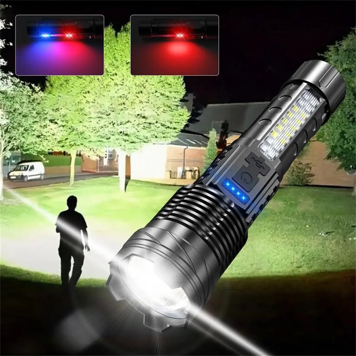 Strong Light Flashlight /Camping Gadgets 2024/Emergency Lighting White Flashlight With Red And Blue Alarm Lights/Waterproof Rechargeable Flashlight/Camping Mountaineering Fishing Garden Lighting Road Lighting Garage Lighting