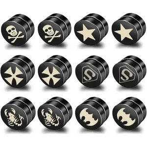 4-6 Pairs Black Stainless Steel  Skull Scorpion Yin Yang Pentagram  Gauges  Stud Earring  for Men Women  Non Pierced Clip  Earrings Set