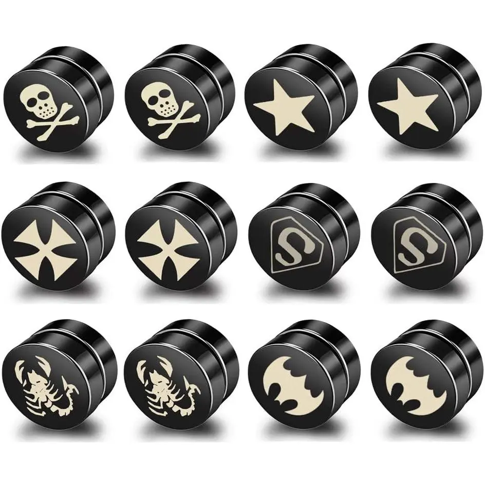 6 Pairs Men's & Women's Punk Style Clip-On Earrings Set - Stainless Steel Non-Pierced Fake Gauges with Skull, Scorpion & Bat Symbols, Punk Style Earrings, Thanksgiving, Valentine
