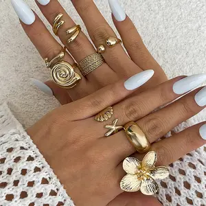 8Pcs/Set Vintage Metal Petal Flower Water Drop Open Rings for Women Trend 2026 Goth Geometric Ring Daily Jewelry Gift