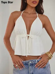 Women's Summer Bohemian Textured Deep V Backless Halter Top, Slim-Fitting Casual Wear for Daily, Dates, Festivals, Music Festivals