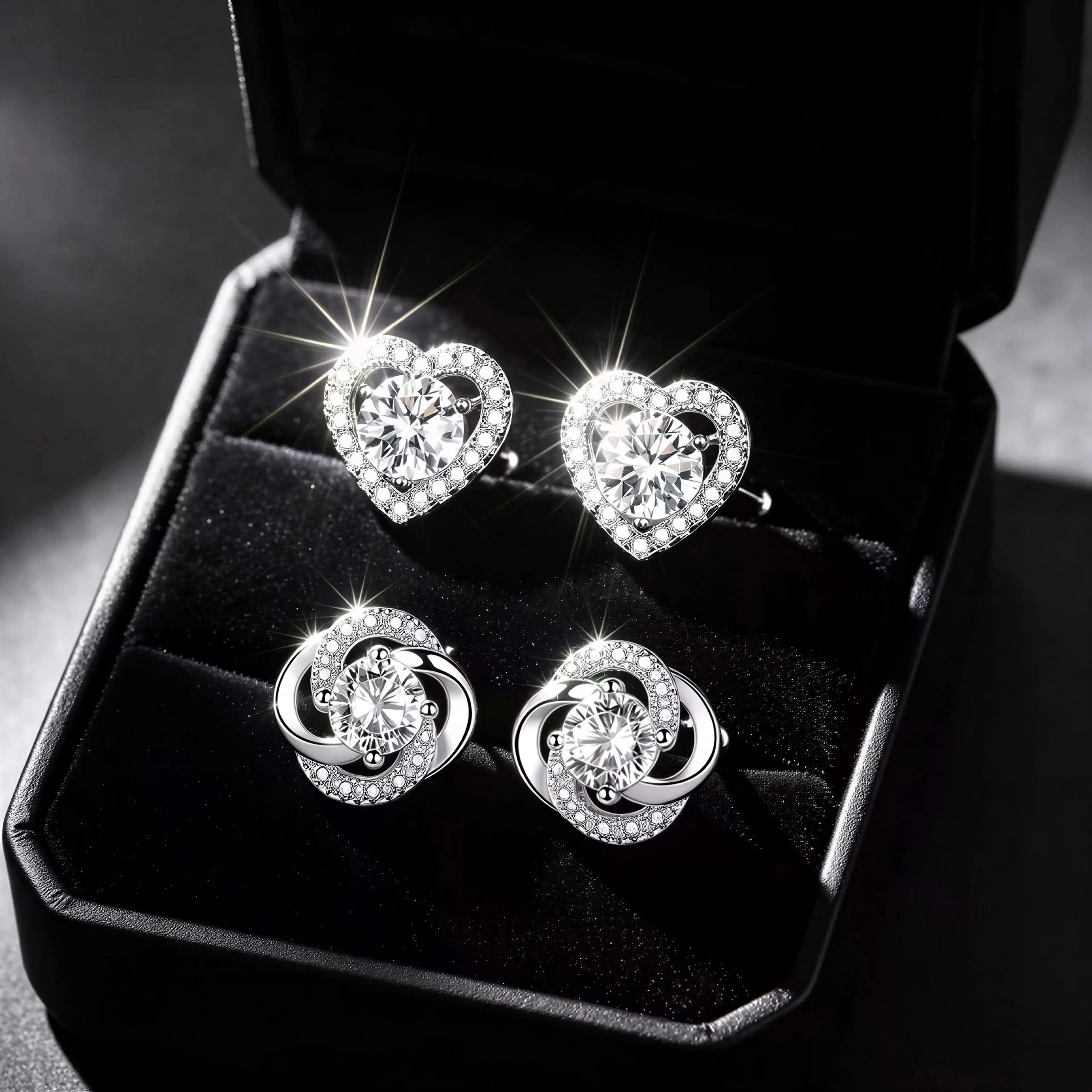 Unisex 2-Piece Moissanite Earrings Set - 1 Pair Heart-Shaped, 1 Pair 4-Leaf Clover-Shaped, Simple Fashion Accessory, Ideal Birthday or Valentine's Day Gift
