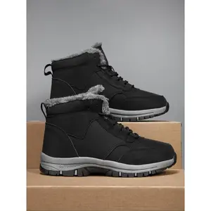 Men's High-Top Winter Snow Boots, Fuzzy Boots, Warm Fleece Lining, Windproof Waterproof Anti-Slip Outdoor Shoes, Casual Daily Wear