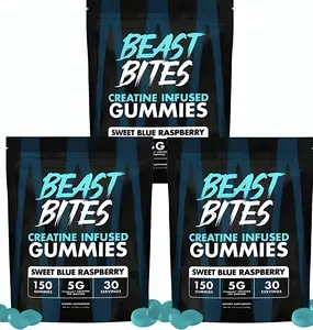 Beast Bites Creatine Infused Gummies with Creapure NSF Certified Edible Amino Acid for Fitness & Dietary Healthcare Sweet Blue Raspberry Flavor 5g per Serving 30 Servings Non-GMO Gluten Free Vegan - Supplement, Protein