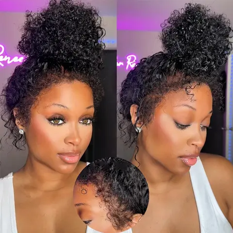 4c Edge Curly Wig Invisi Strap Snug Fit 360 Transparent Lace Frontal Bleached Knots Pre Cut Lace Wig With Drawstring 100% Human Hair Wig, 360 Seamless Part