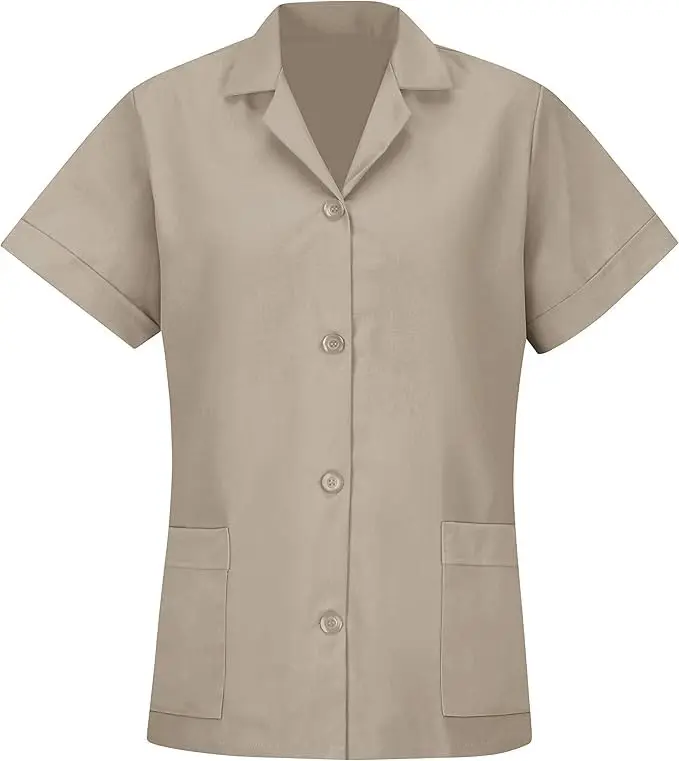 Red Kap Women's Soft Short-Sleeve Cotton Smock Blouse - Standard Button-Front Workwear Top, Tan, X-Large, Day Fit, With Pockets, Blouses, Tops, Polyester, Shirts, Front Buttons, Two Pockets