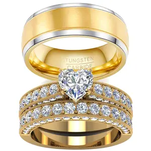 Ringcrown Couple Rings Matching Ring Heart 1ct CZ Yellow Gold Plated 2pcs Women Wedding Ring Sets For Him And Her Ring Men Tungsten Steel Wedding Band