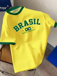 Unisex Short Sleeve T-Shirt, Comfortable Fashion Trendy Sport Outdoor Campus Daily Wear, Block Brazil Pattern