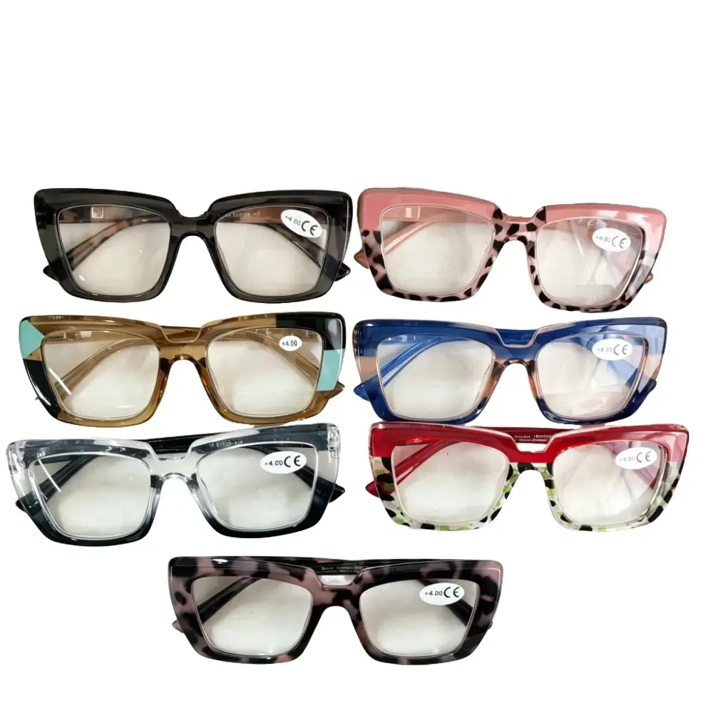 7-piece set of extra-large square-shaped, multi-colored tortoise shell transparent frame anti-blue light reading glasses, ultra-light and comfortable for all-day wear
