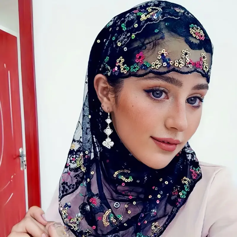Elegant Lace Embroidered Hijab with Toggle Closure - 50% Polyester Blend, Hand Washable, Non-Stretch, Sun Protective Religious Headscarf for Ramadan, Turban Hat Style - Black, Golden & Sky Blue