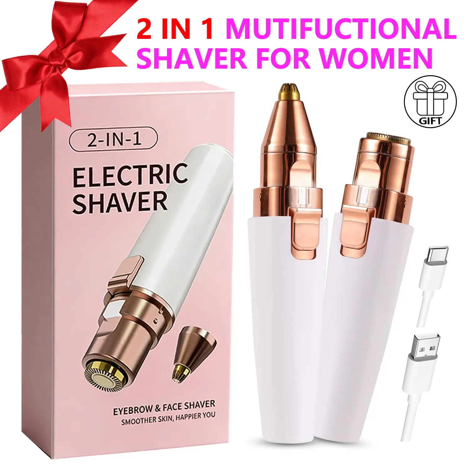 Rechargeable 2-in-1 Eyebrow Trimmer & Painless Hair Remover, Smoothing Body Shaver for Women with Fast Charging for Face & Bikini, Cordless Body Shaver, Hybrid