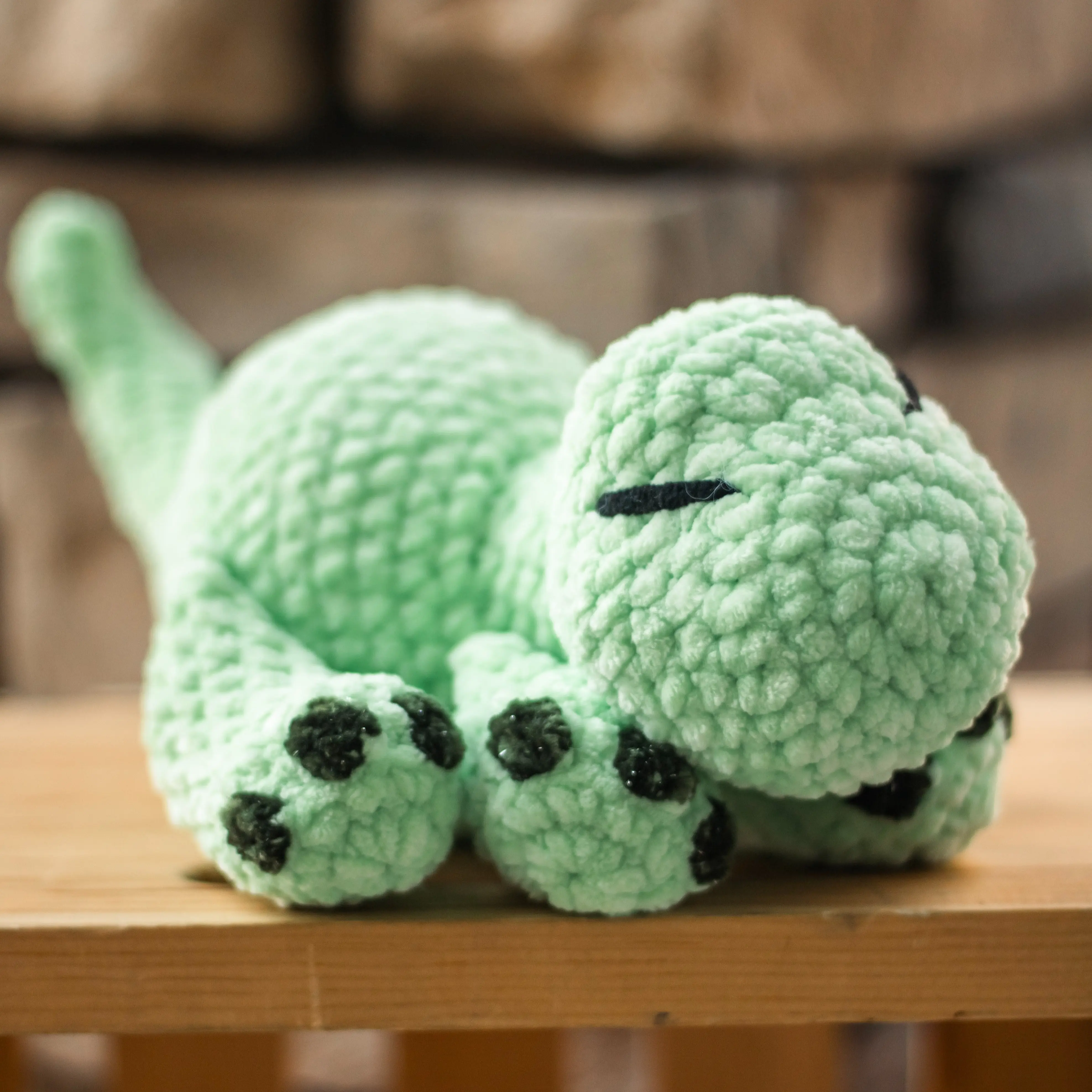 Crocheted Handmade Green Sleepy Brontosaurus Dinosaur Plushie Stuffed Animal