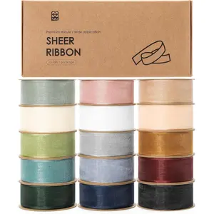 1" x 150 Yd Organza Ribbon Mixed Color Sheer Ribbons Set 10 Yd x 15 Rolls  for  Wrapping Christmas Tree Crafts Bows Wedding Invitations Wreaths Wrap