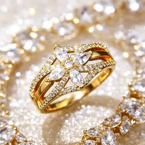 Luxury Golden-Tone Anniversary Ring for Women, Marquise Cut Statement Band with Pavé Accents, Elegant Engagement Jewelry Gift for Weddings, Parties & Special Occasions