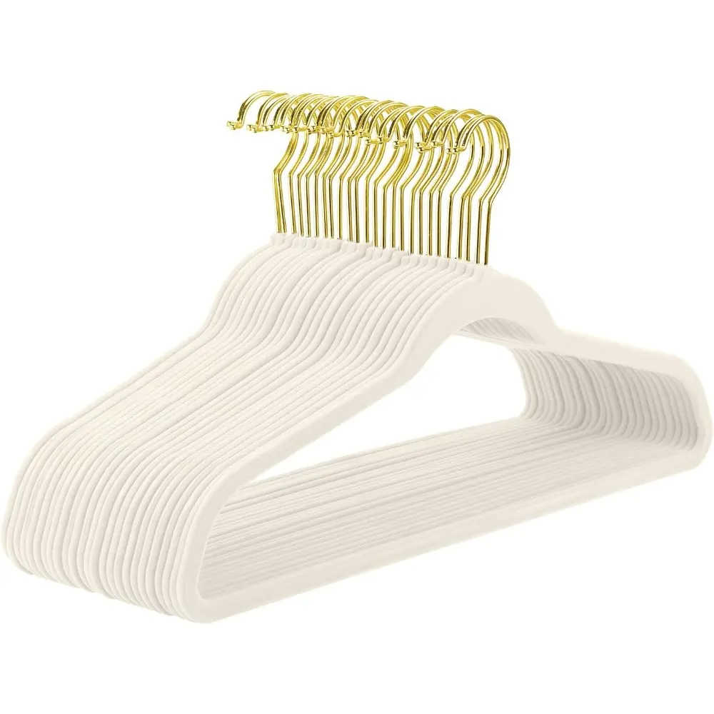60 Pack Ivory Velvet & Premium Gold Non-Slip Felt Hangers, Sturdy Heavy Duty Durable Hangers For Clothes, Coat, Suit, Space Saving, No Flocked Marks Plastic Hanging