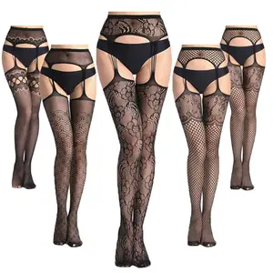 Fishnet Plus Size Sheer Lace Top Garter Belt Stocking SUSPENDER Sexy Lady Stockings lingerie Tight Night party Pantyhose Women Black Womenswear
