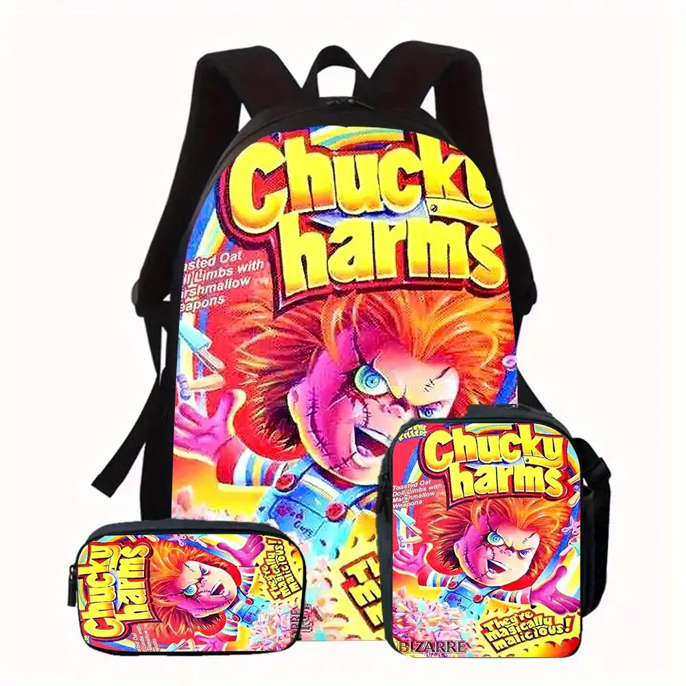 Chucky Horror Movie 3 Unisex Character Print Oxford Cloth Backpack Set - Includes School Bag, Pencil Case, Lunch Box, Adjustable Straps, Large-Capacity Laptop Compartment, Vibrant Comic Book Design, Ideal for Students & Gifting, Comic Art