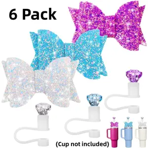 6Pcs Bow Ties and Diamond Straw Cover for Cup, Silicone Straw Topper for Water Cup 30&40oz with Tumblers, Cup Accessories, Car Repair Tools Drinkware Bottles Mug Pink/Blue/White