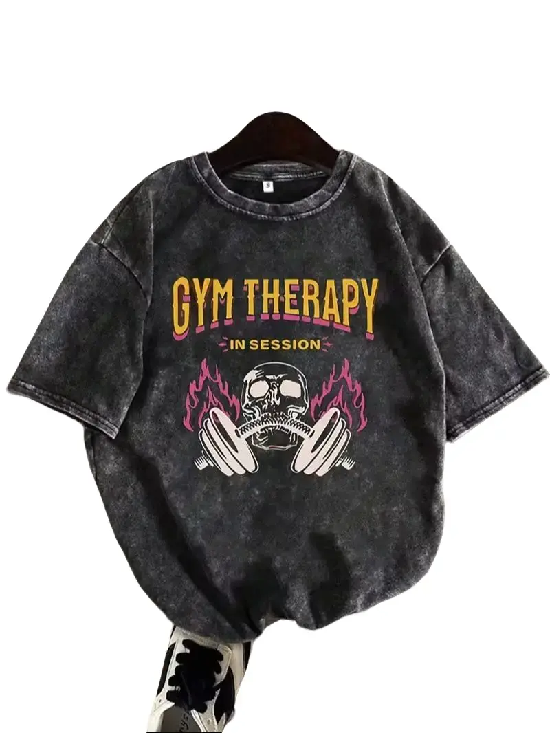 Vintage Washed "Gym Therapy In Session" Cotton T-Shirt, Retro Gym Skull Flame Tee, Funny Workout Lifting Shirt
