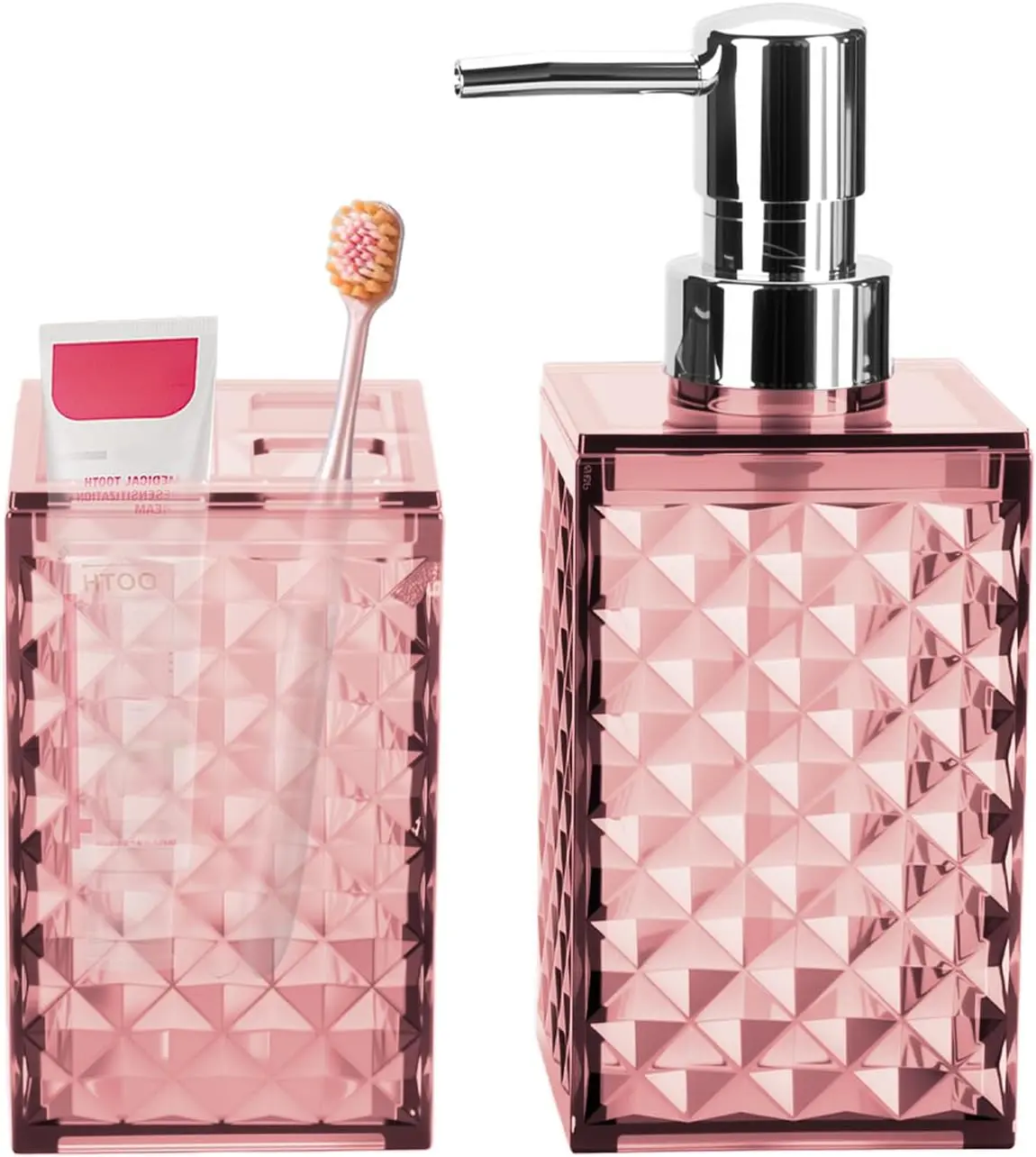 Bathroom Accessories Set 2 PCS, Pink Bathroom Accessories Include Soap Dispenser and Toothbrush Holder, Diamond Pattern Bathroom Set for Boho Bathroom Decor