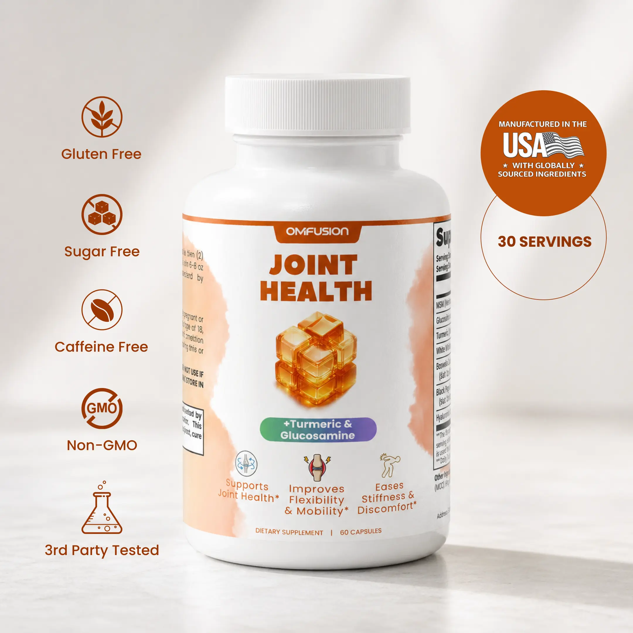 OM FUSION Joint Health Capsules with Glucosamine, MSM, Turmeric, Boswellia, White Willow Bark and Hyaluronic Acid
