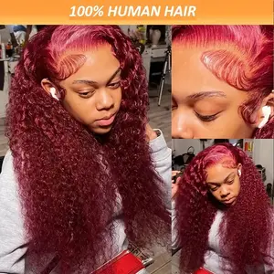 99J Burgundy Deep Wave Lace Front Wigs Human Hair Pre Plucked Hairline 13X4 HD Transparent 180 Density  Deep Wave Wigs for Women Human Hair with Baby Hair Wine Red Colore