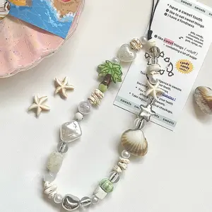 Ins Style Summer Coconut Shell Phone Chain Charm Handmade Beaded CCD Camera Wrist Strap Girl Woman Keychain Lanyard Cute Pendant