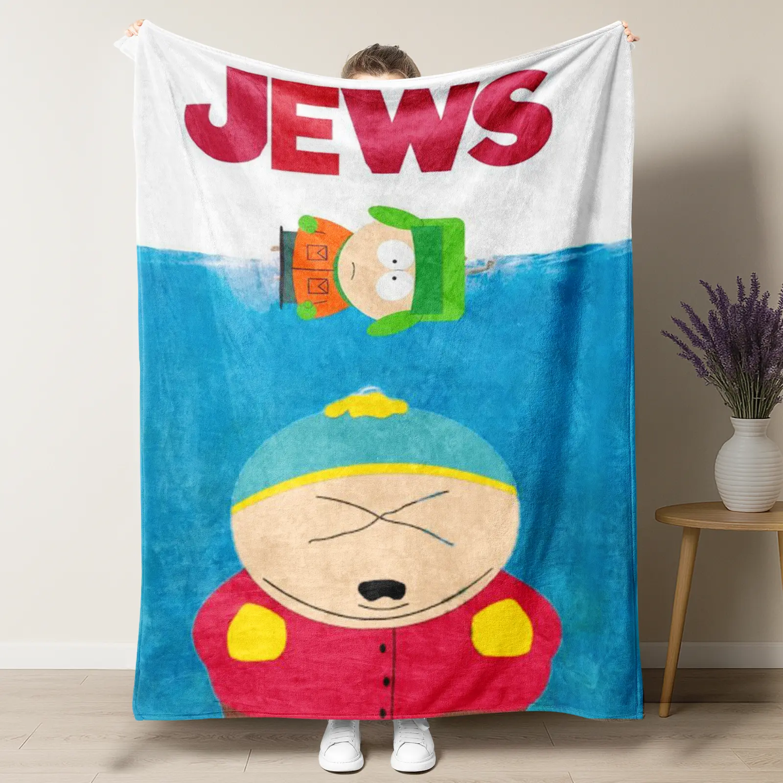 South Park Humor Theme Cartoon Print Soft Polyester Blanket - Jaws Spoof Scene with Cartman & Kyle, Durable, Machine Washable, Indoor/Outdoor, Ideal for Adult Animation Fans