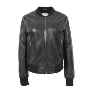 Women's Classic Leather Bomber Jacket, Black, Ribbed Collar and Cuffs, Full Zip Front by Hide Crafts