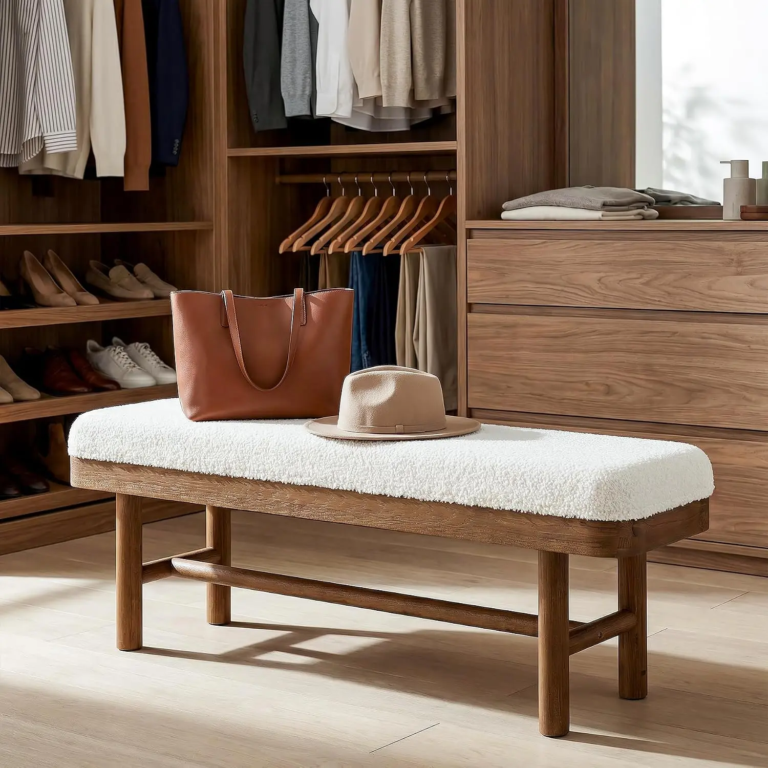 TRIBEWOOD 55-Inch Rectangular Upholstered Solid Wood Bedroom Bench, Modern Padded Cushioned Indoor Bench for Bedroom, Entryway, White & Brown