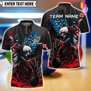 Men's Unisex Custom American Eagle US Flag Bowling Polo Shirt - 3D Multicolor Print, Personalized Name, Soft Polyester Sublimation Fabric, Oversized/Fitted Options, Sleeves, 9VT