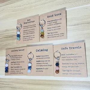 Natural Healing Crystals Keychain Charm with Meaning Card, Small Mindfulness Good Luck Gifts for Women Friends Coworkers, Genuine Gemstone Boho Bag Zipper Pull Accessory, Spiritual Anxiety Relief Healing Stones for Positivity