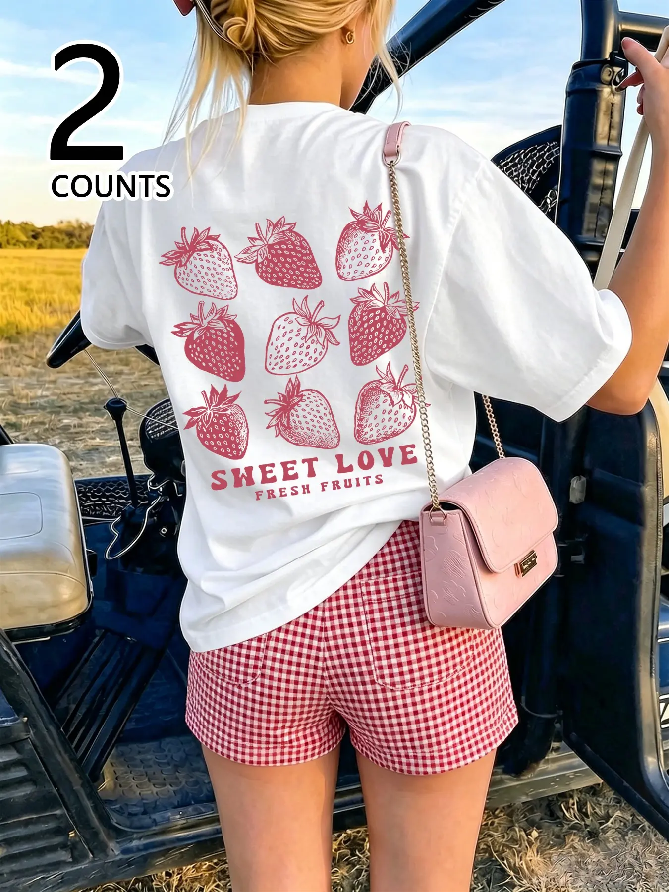 Women's Summer Strawberry Letter Graphic Print Short Sleeve T-Shirt + Plaid Shorts Set, Casual Two-Piece, Beach & Daily Wear, Fashion