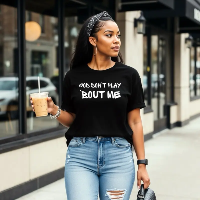 Women's "God Don't Play Bout Me" Graphic T-Shirt, Casual Short-Sleeve Faith-Based Cotton Blend Top for Everyday Streetwear, Jeans