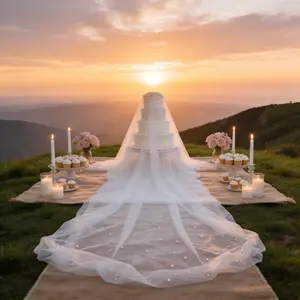 One-piece elegant white party embellishment pearl tulle, 40*119inch, suitable for chair back ties/bridal veils/bridal bouquets/table runners. Perfect for spring wedding themes and Valentine's Day, creating a romantic wedding ceremony venue.