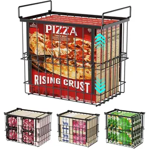 Deep Freezer Organizer Bins, 4 Pack Fits 12" Pizza for 5 to 7 Cu.Ft Chest Freezer, Stackable Wire Baskets with Handles, for Bulk Meat & Frozen Food, Black