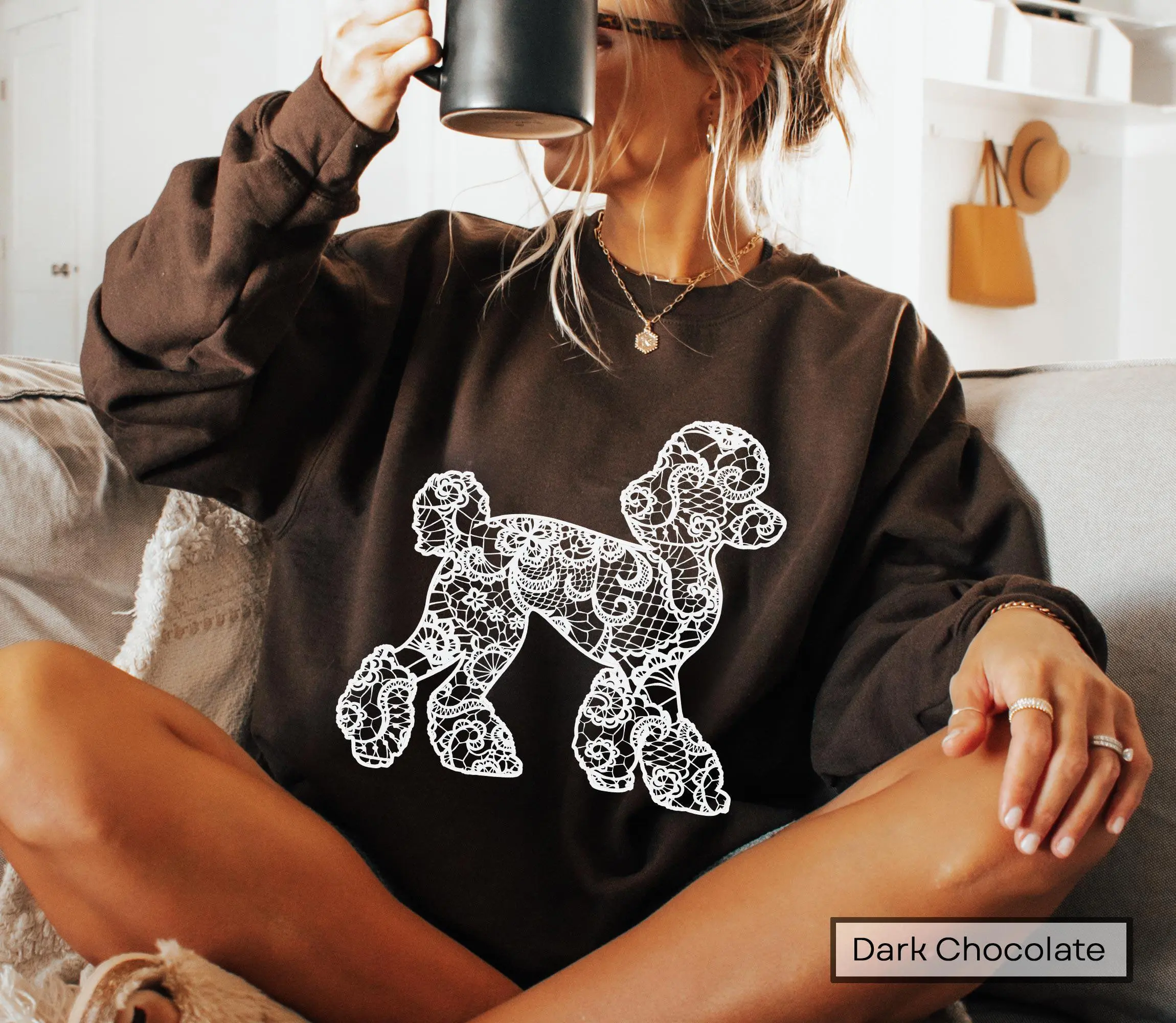 Poodle Sweatshirt, Dog Lace Silhouette Poodle Mom Sweater, Dog Mama Crewneck, Gift For Her