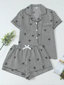 Women's Bow Print Shirt & Shorts Pyjama, Casual Comfy Short Sleeve Pj Set, Ladies Sleepwear for Summer, Loungewear, Pajama Set