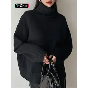 Women’s Solid Turtleneck Sweater Top with Drop Shoulder and Ribbed Sleeves, Soft Slouchy Knit Pullover for Fall and Winter