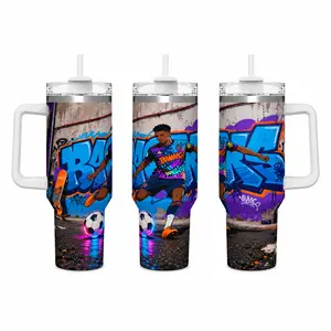 40oz Handle Insulated Stainless Steel Tumbler, Urban Street Graffiti Soccer Player Full Wrap Neon Splash Wall Art Print Travel Mug, Double Wall Vacuum Insulation Keeps Cold 24H Hot 12H, Leak Proof 2-in-1 Straw Lid