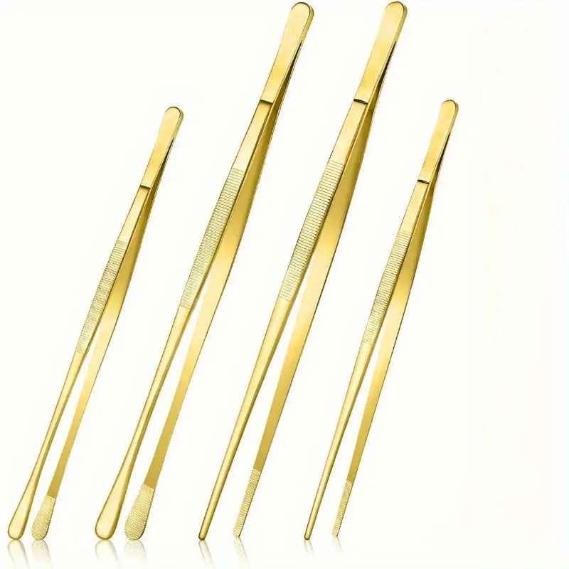 Professional Stainless Steel Barbecue Clamps Golden Slender Tweezers Vegetable Placement Plates Barbecue Clamps Chef Placement Plates Tweezers Suitable for Kitchen Food Cooking Maintenance Seafood Barbecue Set Utensils bar accessories