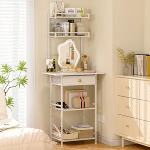 Small Vanity Desk Without Mirror, Makeup Vanity Table for Small Space, Compact White Dressing Table with Fabric Drawers, Makeup Vanity with Storage for Bedroom, White, 23.6in（W）