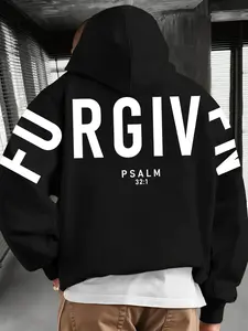 Men's Black Loose Pullover Long Sleeve Hoodie - "FORGIVEN" + Psalm 32:1 Print Religious Forgiveness Style Street Casual Hoodie Sweatshirts