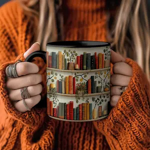 Modern Bookshelf Mug with Books and Plants, Cozy Reading Coffee Cup, Book Lover Mug, Nature Inspired Book Stack Mug, Woodland Coffee Cup, Microwave Safe