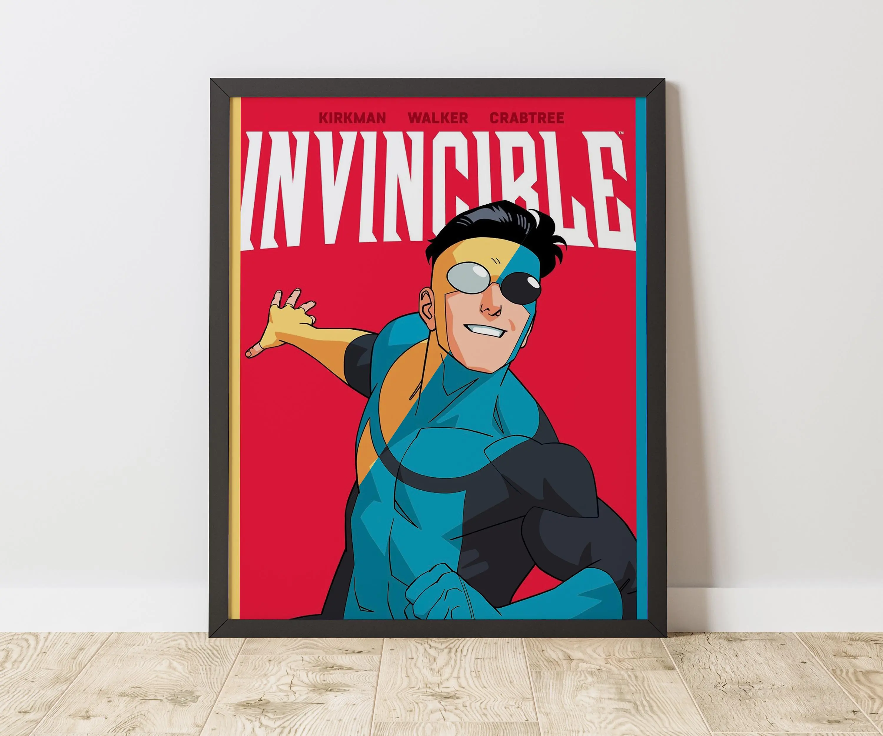 Invincible Old X New Suit Anime Graphic Print Poster - Wood Plaid Frame Wall Art with Wardrobe, Polka Dot, Houndstooth, Marble, Herringbone Accents, Teen Boys' Bedroom Decor, Ideal Home Supplies Gift