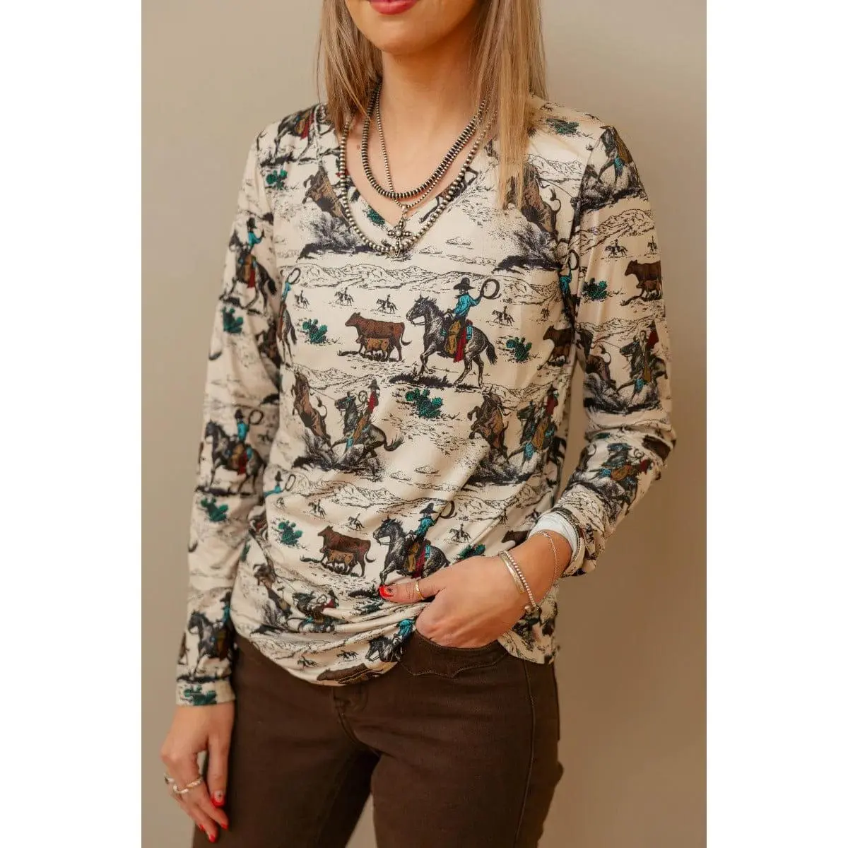 Women's Western Pattern Blouse, Casual Cozy Long Sleeve Top for Day Workwear in Butter-Soft Stretch Spandex