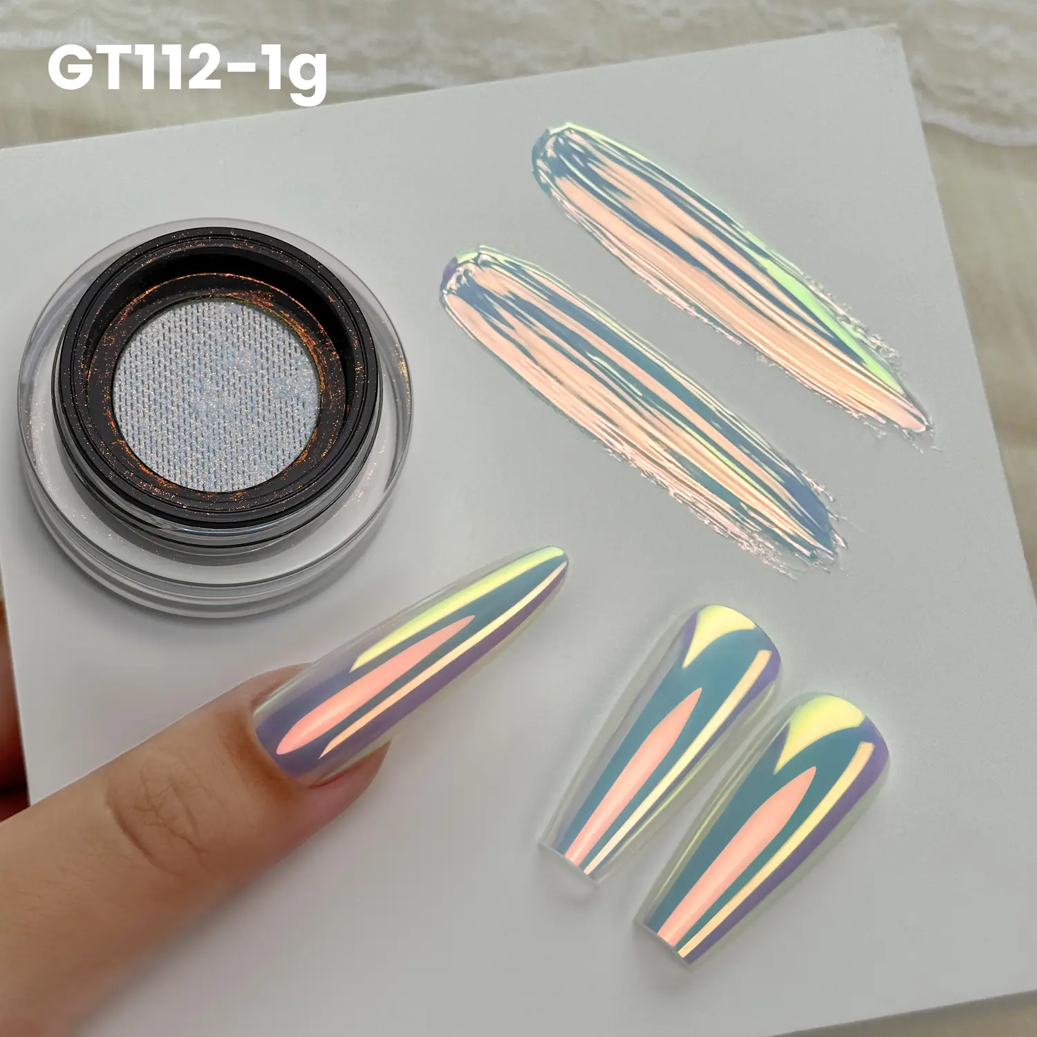 YOKEFELLOW GleamTap Cushion Aurora Chrome Nail Powder 1g - Mermaid Aurora Effect,Chrome Powder for Nails Decoration for Home DIY Salon Manicure (GT112 Golden Hour / Purple Blue with light orange Sheen)